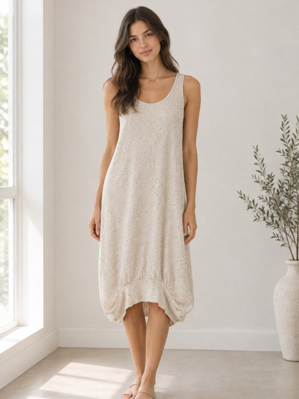 Poleci Beige Nude Laser Cut-Out Tunic Dress Draped Hem XS, 0319